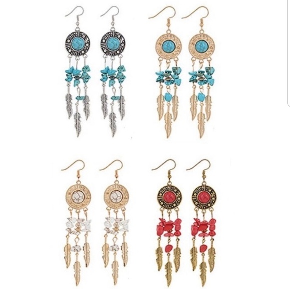 Jewelry - Bohemian Dangle Feather Natural Stone Earri